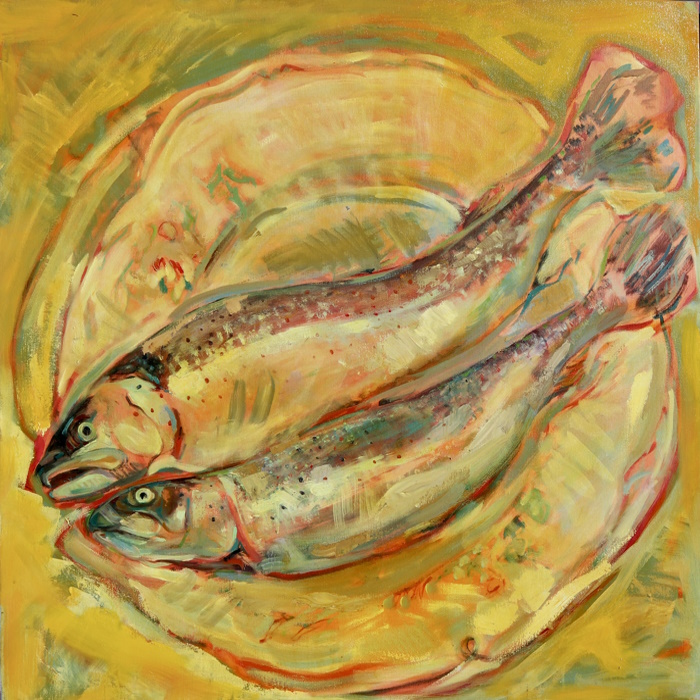 YELLOW FISH ON GRANDMAS PLATE by Dinah Priestly